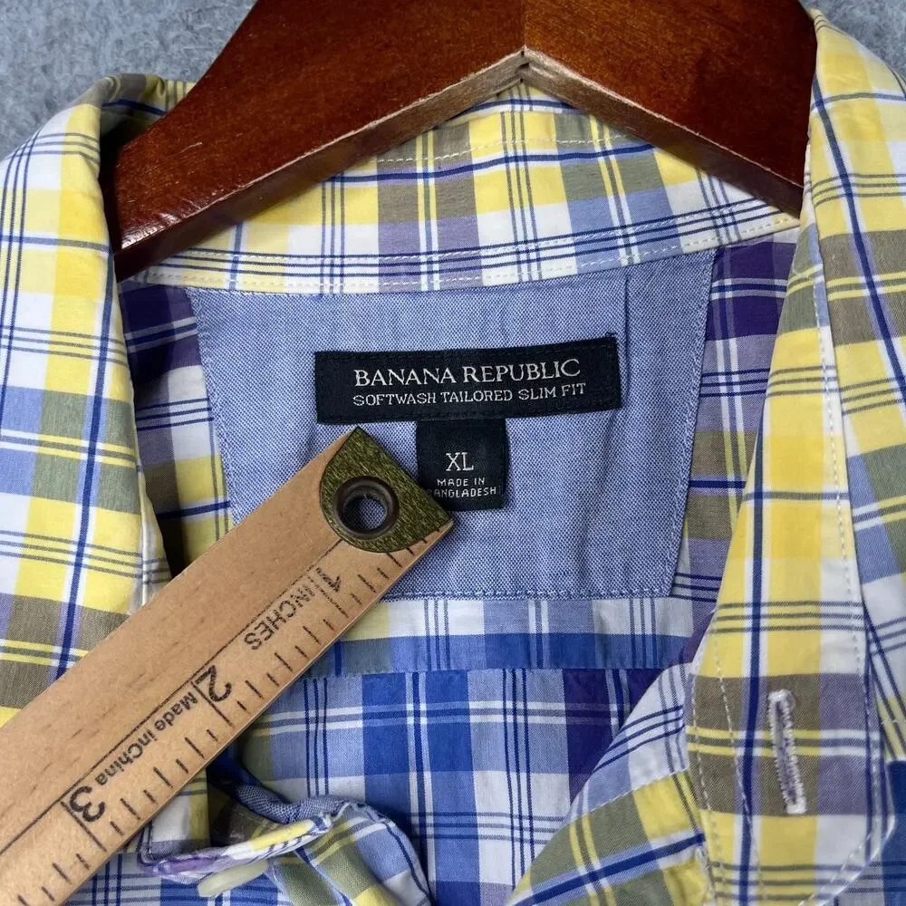 Banana Republic Shirt Slim Plaid Colorful Button Up Long Sleeve Mens XL *SEE